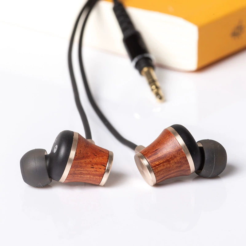 Wooden in ear wired headphones with wooden design and noise reduction, professionally customized